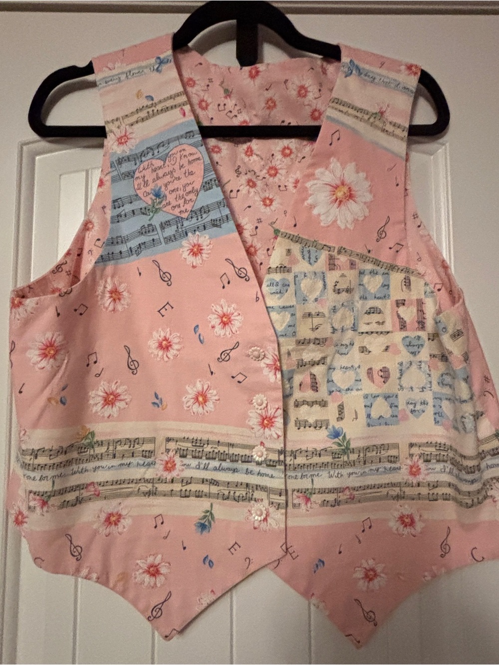 One of a Kind Handmade Pink Floral & Music-Print Women's Vest, Medium